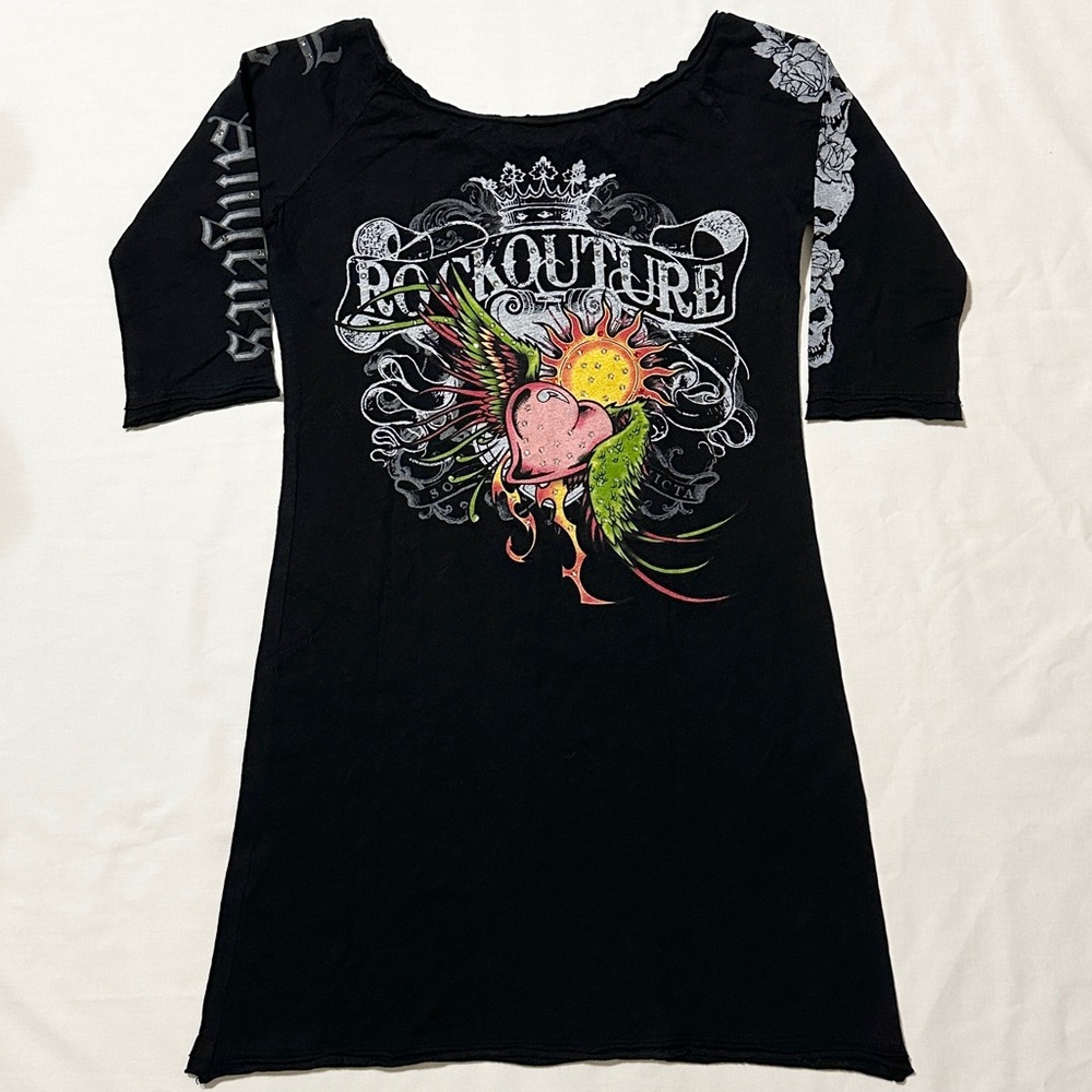 Bejeweled By Susan Fixel Black Graphic T-shirt Dress/Tunic w/Rhinestones - XL